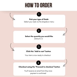May include: A four-step guide on how to order an item from an Etsy shop. The steps are: 1. Pick your type of finish, 2. Select the quantity you would like, 3. Click the "Add to cart" button, 4. Checkout using the "Proceed to checkout" button.