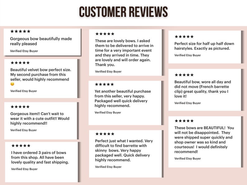 May include: A collection of customer reviews for hair bows. The reviews highlight the quality, size, and shipping speed of the bows. The reviews are all positive and mention that the bows are beautiful, well-made, and perfect for various hairstyles.