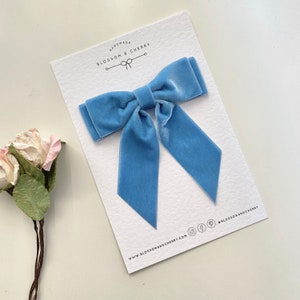 Dusty Blue Velvet Short Tail Hair Bow, Double Stacked Pinch Bow, Velvet Hair Tie, Velvet Short Tail Bow, Bridesmaid Bow, BC1ST