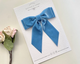 Dusty Blue Velvet Short Tail Hair Bow, Double Stacked Pinch Bow, Velvet Hair Tie, Velvet Short Tail Bow, Bridesmaid Bow, BC1ST