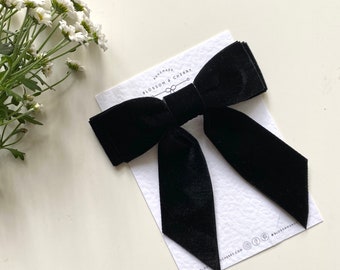 Black Velvet Bow, Short Tail Hair Bow, Double Stacked Bow, Velvet Hair Tie, Velvet Short Tail Bow,  Bridesmaid Bow, Bow Hair Clip,