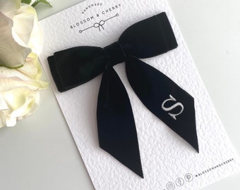 Personalised Monogram Velvet Short Tail Bow, Velvet Hair Tie, Velvet Short Tail Bow, Personalised gift for her.