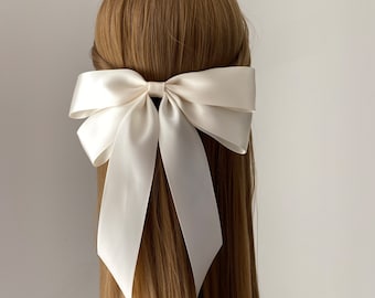 Oversized Ivory Satin Long Tail Bow, Large Satin Hair Bow, Satin Bow Hair Clip, Satin Hair Tie, Womens Hair Bow, Bridal Hair Bow