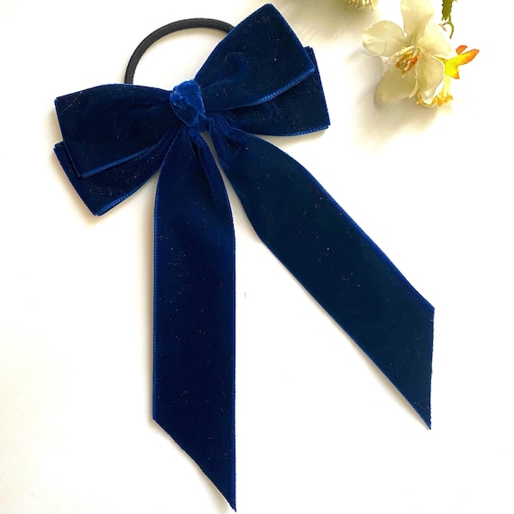 Navy Velvet Long Tail Hair Bow, Luxurious Velvet Hair Accessory, Classic Navy Bow Clip For Women, Elegant Handmade Gift For Her