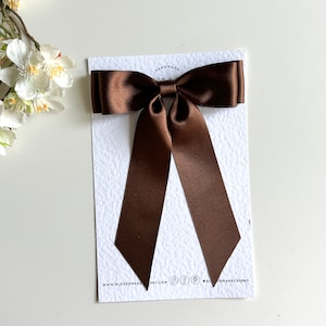 Brown Satin Hair Bow: Long Tail Clip for Women