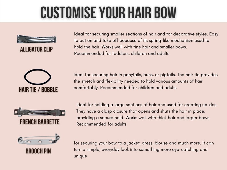 May include: A graphic showing four different types of hair clips and their uses: alligator clip, hair tie/bobble, French barrette, and brooch pin. The graphic includes text describing each clip's purpose and recommended use.