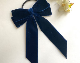 Velvet Bow, Navy Velvet Long Tail Bow, Velvet Hair Tie, Chunky Velvet Bow Hair Clip.