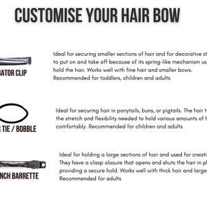 May include: Three types of hair accessories: an alligator clip, a hair tie, and a French barrette. Each accessory is labeled with its name and a description of its use and recommended age group.