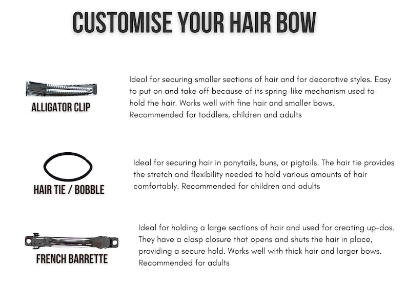 May include: Three types of hair accessories: an alligator clip, a hair tie, and a French barrette. Each accessory is labeled with its name and a description of its use and recommended age group.