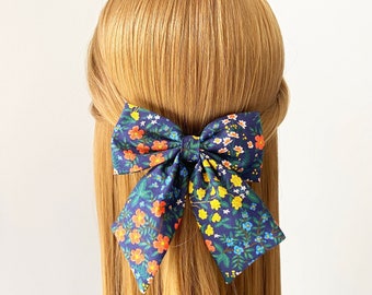 Black Floral Hair Bow,  Sailor Bow Clip, Poppy Fields Fabric Hair Bow, Bow With Tail, Blue Hair Bow
