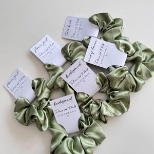 May include: Sage green satin scrunchies with white cards. The cards have black text that reads "flower girl", "Team Bride", "bridesmaid", and "maid of honor". Each card also has the text "To have and to hold YOUR HAIR BACK".