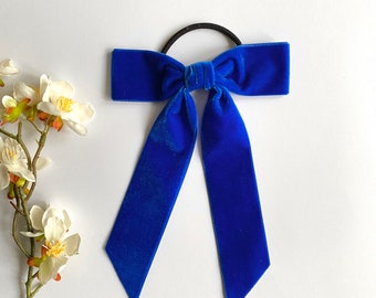 Royal Blue Velvet Bow, Long Tail Hair Bow, Velvet Hair Tie, Velvet Long Tail Bow,  Bow Hair Clip,