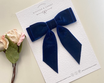 Navy Blue Velvet Short Tail Hair Bow, Velvet Hair Tie, Velvet Short Tail Bow,  Bridesmaid Bow, Bow Hair Clip,