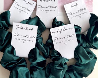 Dark Green Bridesmaid Proposal Gift, Satin Scrunchie with Bridal Tag, Maid of Honour Favour, Wedding Party Hair Accessory