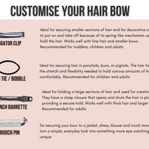 Pode incluir: Um gr&aacute;fico mostrando quatro tipos diferentes de grampos de cabelo: grampo de jacar&eacute;, el&aacute;stico de cabelo/borracha, barrete franc&ecirc;s e broche. Cada grampo &eacute; rotulado com seu nome e uma descri&ccedil;&atilde;o de seu uso.