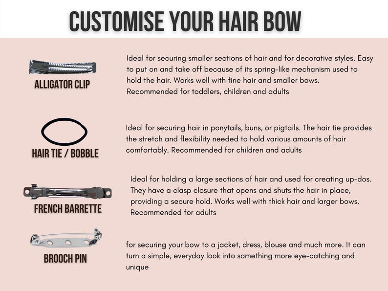 Pode incluir: Um gr&aacute;fico mostrando quatro tipos diferentes de grampos de cabelo: grampo de jacar&eacute;, el&aacute;stico de cabelo/borracha, barrete franc&ecirc;s e broche. Cada grampo &eacute; rotulado com seu nome e uma descri&ccedil;&atilde;o de seu uso.