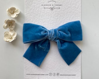 Dusty Blue Super Chunky Velvet Bow Hair Clip or Headband