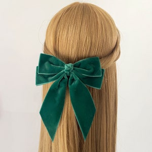 Velvet Hair Bow, Green Velvet Bow, Short Tail Hair Bow, Velvet Hair Tie, Velvet Bow Barrette, Bridesmaid Hair Bow