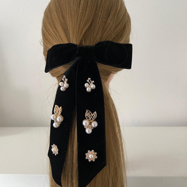 Jewelled Velvet Hair Bow, Velvet Long Tail Bow, Womens' Pearl Bow Clip, Velvet Hair Tie, Bow Hair Clip, Gift for her image 7