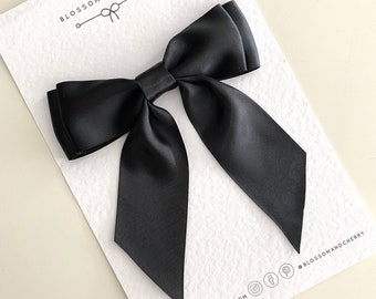 Black Satin Short Tail Bow, Satin Hair Bow, Satin Bow Hair Clip.
