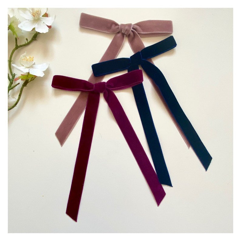 Velvet Hair Bow Clip, Skinny Long Tail Hair Bow, Velvet Hair Tie, Velvet Long Tail Bow, Bow Hair Clip, image 2