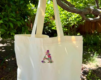 Floral Embroidered Initial Tote Bag, Personalized Canvas Zippered Bag