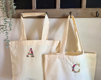 Mit Blumen gestickte Anfangs-Einkaufstasche, personalisierte Tasche mit Reißverschluss