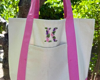 Floral Initial Embroidered Canvas Tote Bag, Pink and Beige, Personalized Gifts for Her