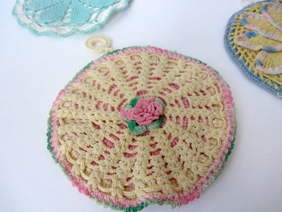 manique Crochet Avec Roses Crème Blanc Vintage Shabby Chic Antique