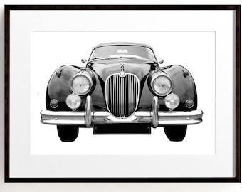 Classic Car Print of XK150 Jaguar Black and White Vintage Car Art Large Wall Art