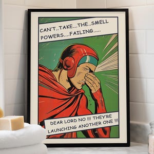 Funny Toilet Print Bathroom Wall Art Comic Book Art Superhero on Toilet Sign Mens Room Wall Decor Retro Pop Art Holding Nose Poster