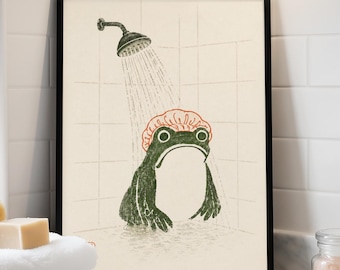 Bathroom Funny Art of Japanese Frog in Shower, Japandi Artwork for Wabi Sabi Style Bathroom Decor, Neutral Colors Print for New Home Gift