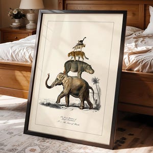 Vintage Animal Print Elephant Wall Art Idea for Jungle Decor Safari Artwork for Kid's Room Fun Poster Illustration Hippo Altered Art