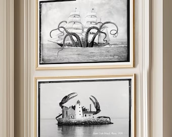 Surreal Art Sea Monster Pair of Prints, Kraken Tentacles Dark Fantasy Art, Quirky Whimsical Artwork Gift for Monster Fan