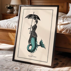 Vintage Style Mermaid Print Idea for Gothic Room Decor Mermaidcore Wall Art for Bathroom Steampunk Poster Powder Room Teal Accent image 1