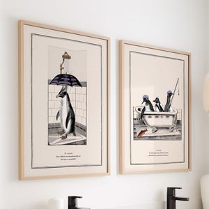 Impresión de pingüinos lindos, arte de pared para baño, impresiones de animales lindos, arte surrealista, arte vintage, decoración de baño, baño infantil, pingüino de penacho amarillo