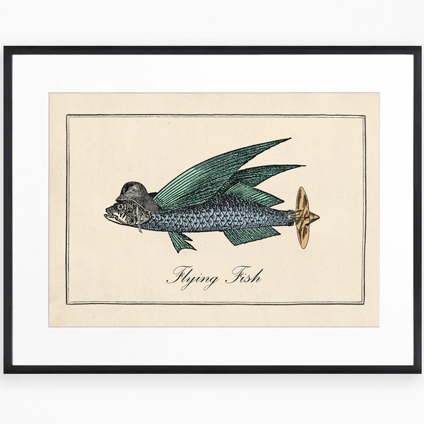 Funny Vintage Fish Print, Surreal Joke Flying Fish, Quirky Vintage Art, Bizarre Bathroom Wall Print