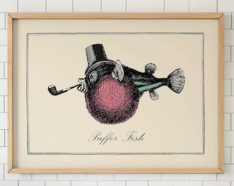 Funny Vintage Fish Print Surreal Collage Puffer Fish Quirky Vintage Art Bizarre Bathroom Wall Print