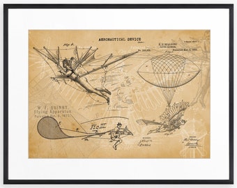 Vintage Flying Machines Patent, Steampunk Wall Art, Patent Wall Art,