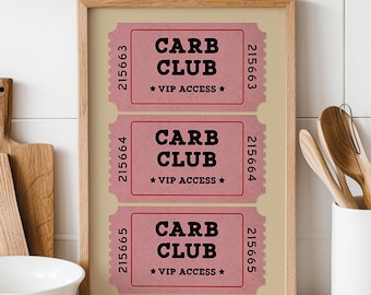 Retro Ticket Stub Art Print — 'Carb Club' Funny Kitchen Decor for Bread & Cake Lovers — Unique Gift for Foodies