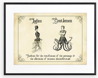 Funny Gothic Ladies Gents Sign,Steampunk Bathroom Print, Quirky Vintage Art, Bizarre Bathroom Wall Art