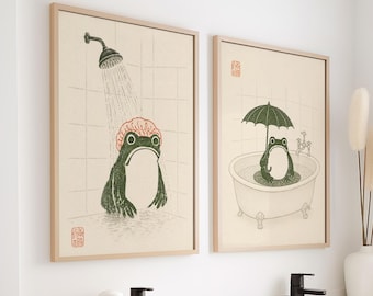 Funny Frog Bathroom Print Set of 2, Japanese Woodblock Prints for Quirky Wabi Sabi Wall Art, Whimsical Posters for Restroom