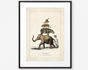 Surreal Art Jungle Decor Neutral Color Art Elephant Print Vintage Illustration Eclectic Decor