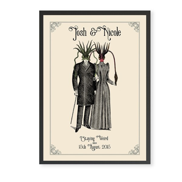 Personalised Couples Gift, Anniversary Gift, Surreal Wedding Gift, Steampunk Couple Wall Art, Lovecraft Cthulhu Creature Print