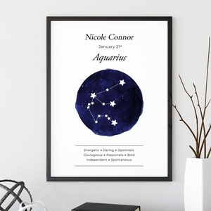 Impresión personalizada del zodíaco Carta de estrellas de Acuario Regalo del zodíaco de cumpleaños Regalo del zodíaco personalizado Carta de estrellas de astrología