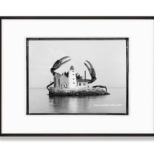 Vintage Sea Monster Photo Print Giant Crab  and Lighthouse