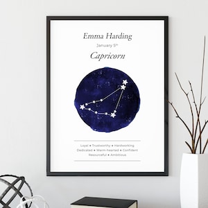 Carte du zodiaque personnalisée avec impression du zodiaque du Capricorne, cadeau d'anniversaire, zodiaque du zodiaque personnalisé, carte du ciel astrologique