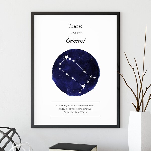 Personalised Zodiac Print Gemini Star Chart Birthday Zodiac Gift Custom Zodiac Gift Astrology Star Chart