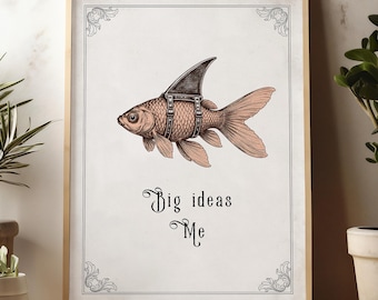 Funny Fish Shark Fin Print, Big Ideas Quote Art, Funny Motivational Print, Minimalist Vintage Style Illustration, Office Humor Gift