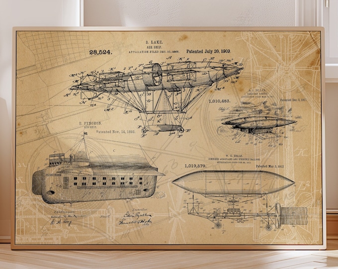 Steampunk Poster Vintage Airship Patent Print for Dark Academia Science Decor or Engineer Gift Quirky Balloon Wall Art New Apartment Gift